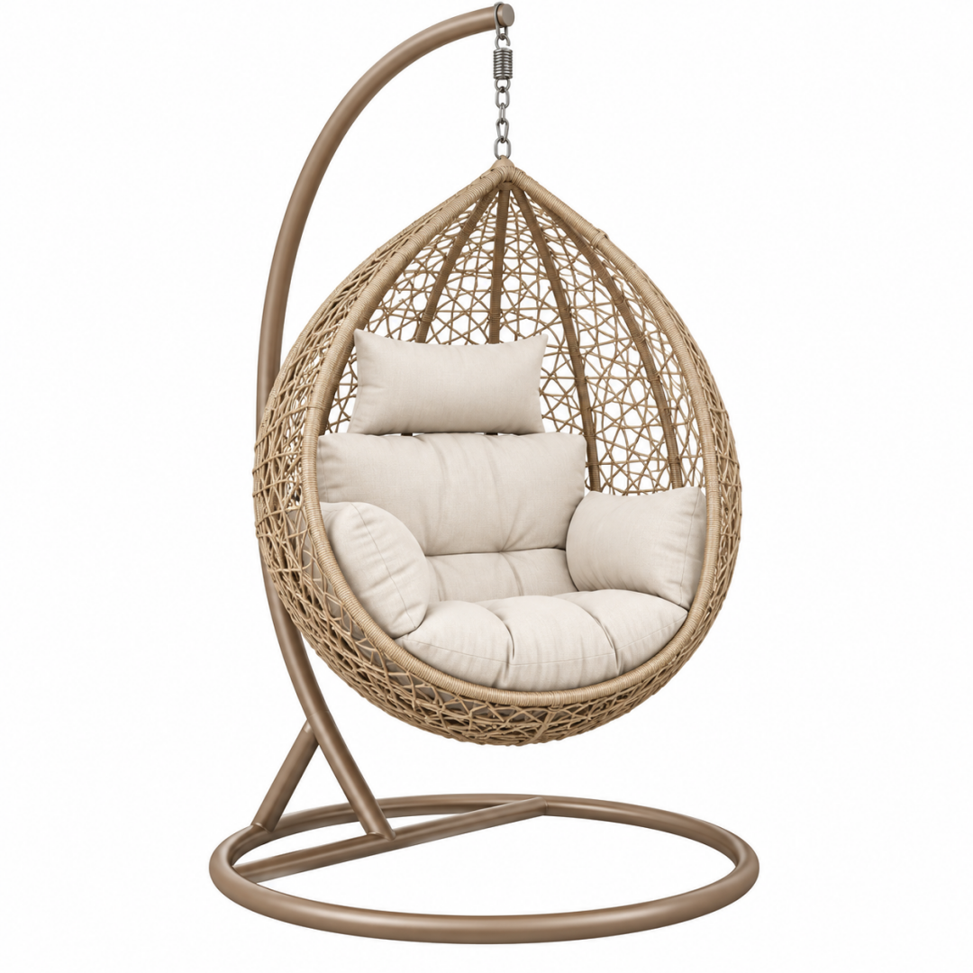 Hängesessel 105 x 105 x 195 cm aus Kunststoffgeflecht in Beige mit Stahlgestell im Boho-Stil