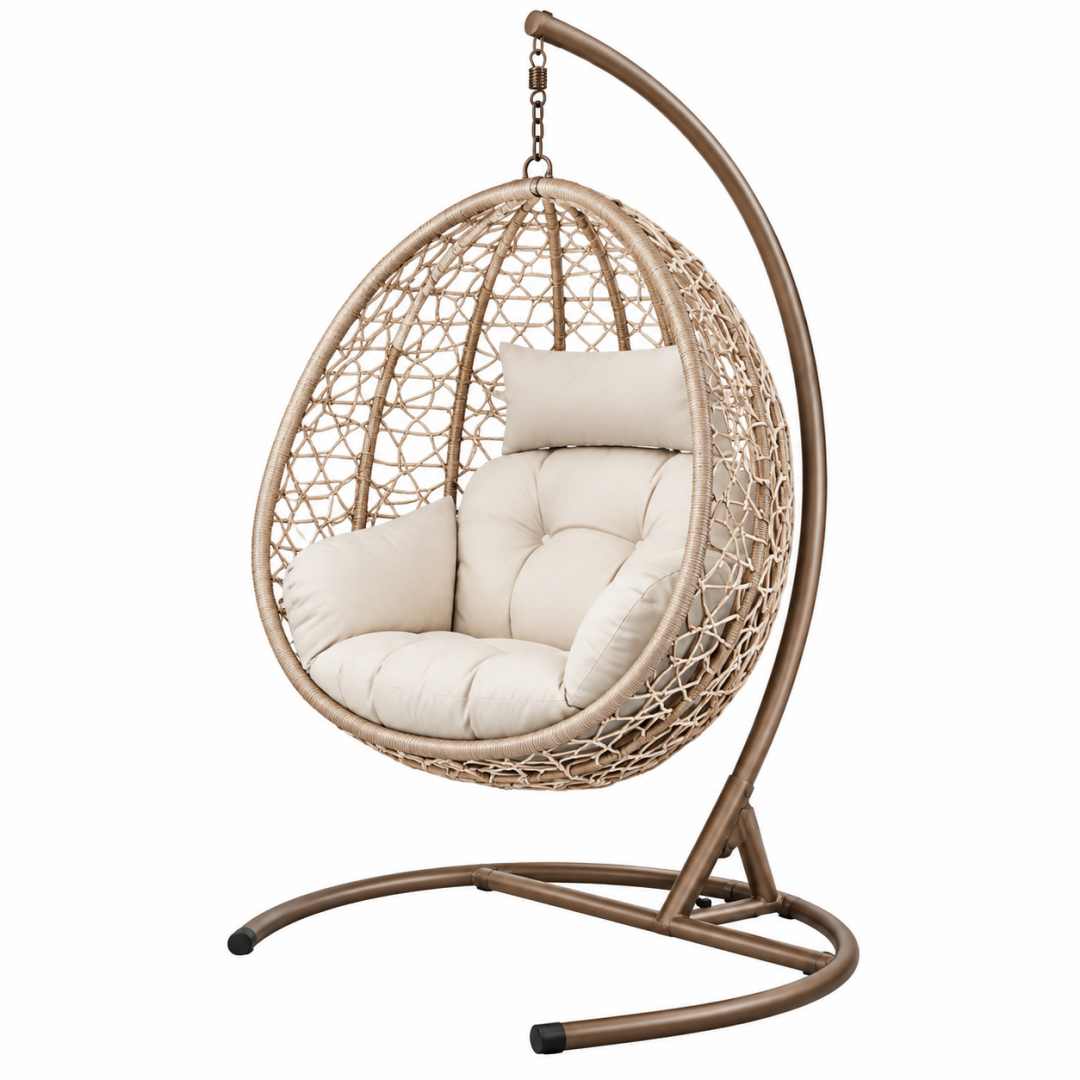 Hängesessel 105 x 105 x 195 cm aus Metall und Kunststoffgeflecht Beige/Braun mit Gestell für Innenbereiche