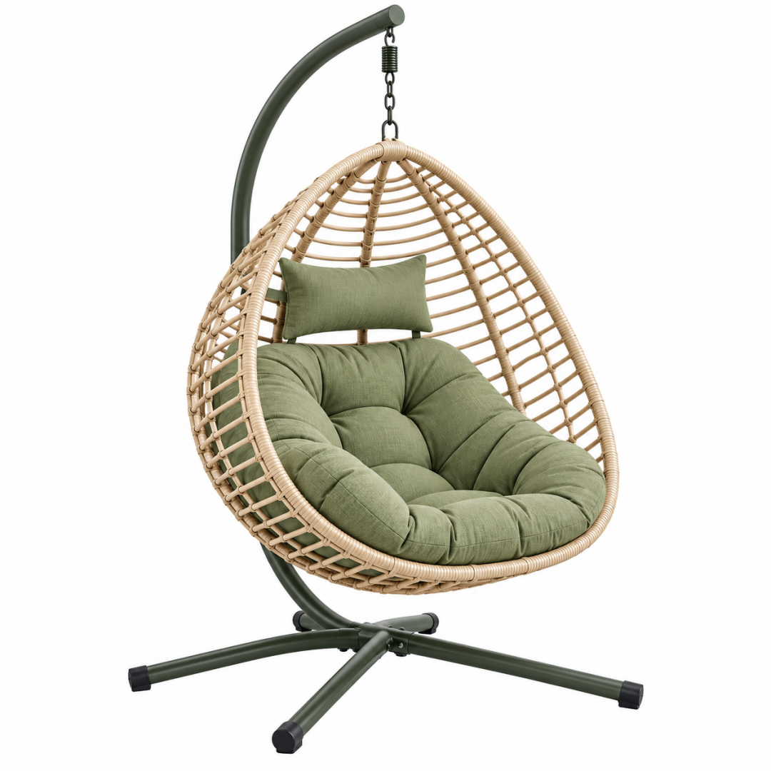 Hängesessel 115 x 105 x 195 cm aus Metall und Geflecht Grün mit Gestell für Garten und Terrasse