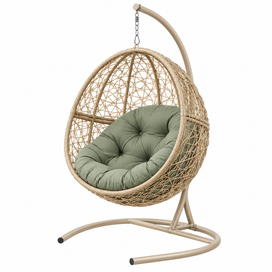 Hängesessel 105 x 105 x 195 cm Geflecht Beige Grün mit Metallgestell für Garten