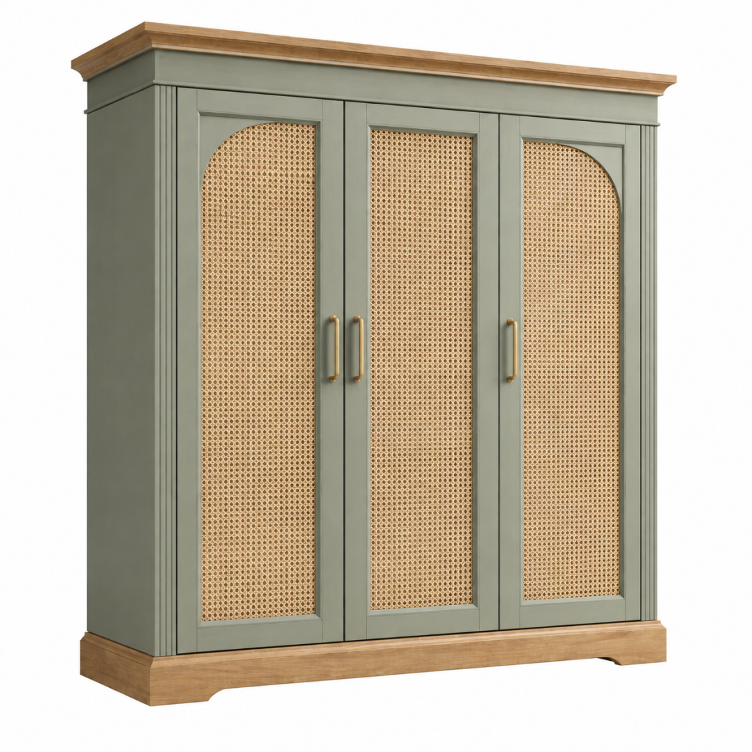 Kleiderschrank 160 x 60 x 200 cm Holz Grün Natur mit Rattanfront im Landhausstil