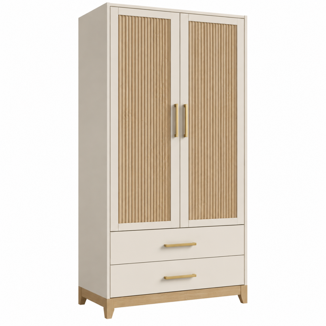 Kleiderschrank 90 x 50 x 180 cm Creme Naturholz mit 2 Türen und 2 Schubladen