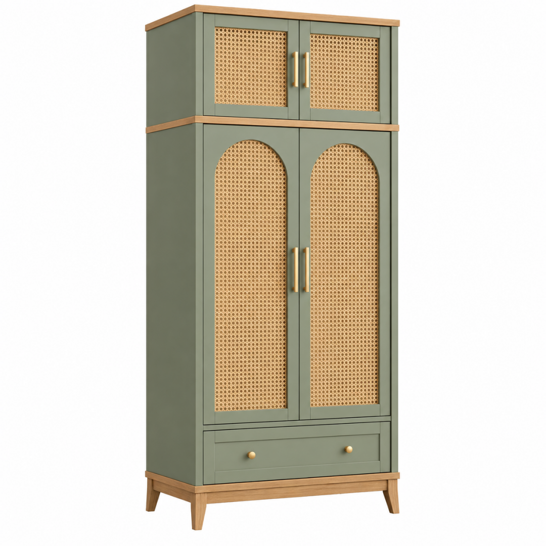 Kleiderschrank 80 x 40 x 180 cm aus Holz in Grün mit Rattantüren und Schublade