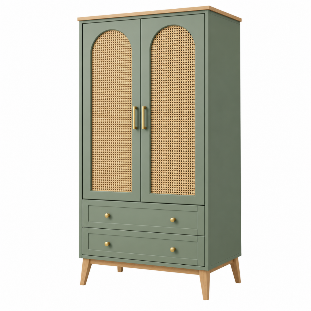 Kleiderschrank 90 x 45 x 180 cm Grün mit Rattangeflecht aus Holz im Skandi-Stil