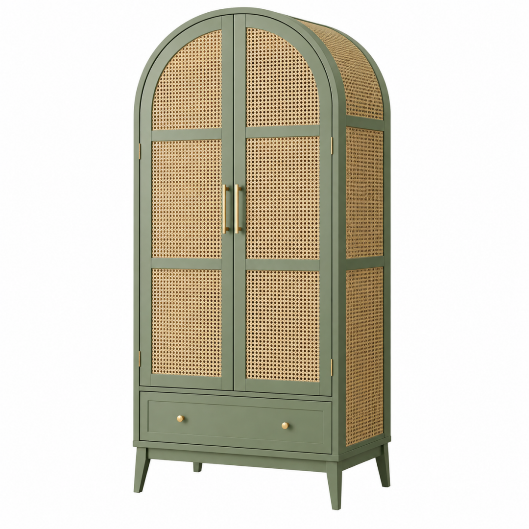 Kleiderschrank 90 x 45 x 190 cm aus Holzwerkstoff Grün mit Rattangeflecht im Retro Stil