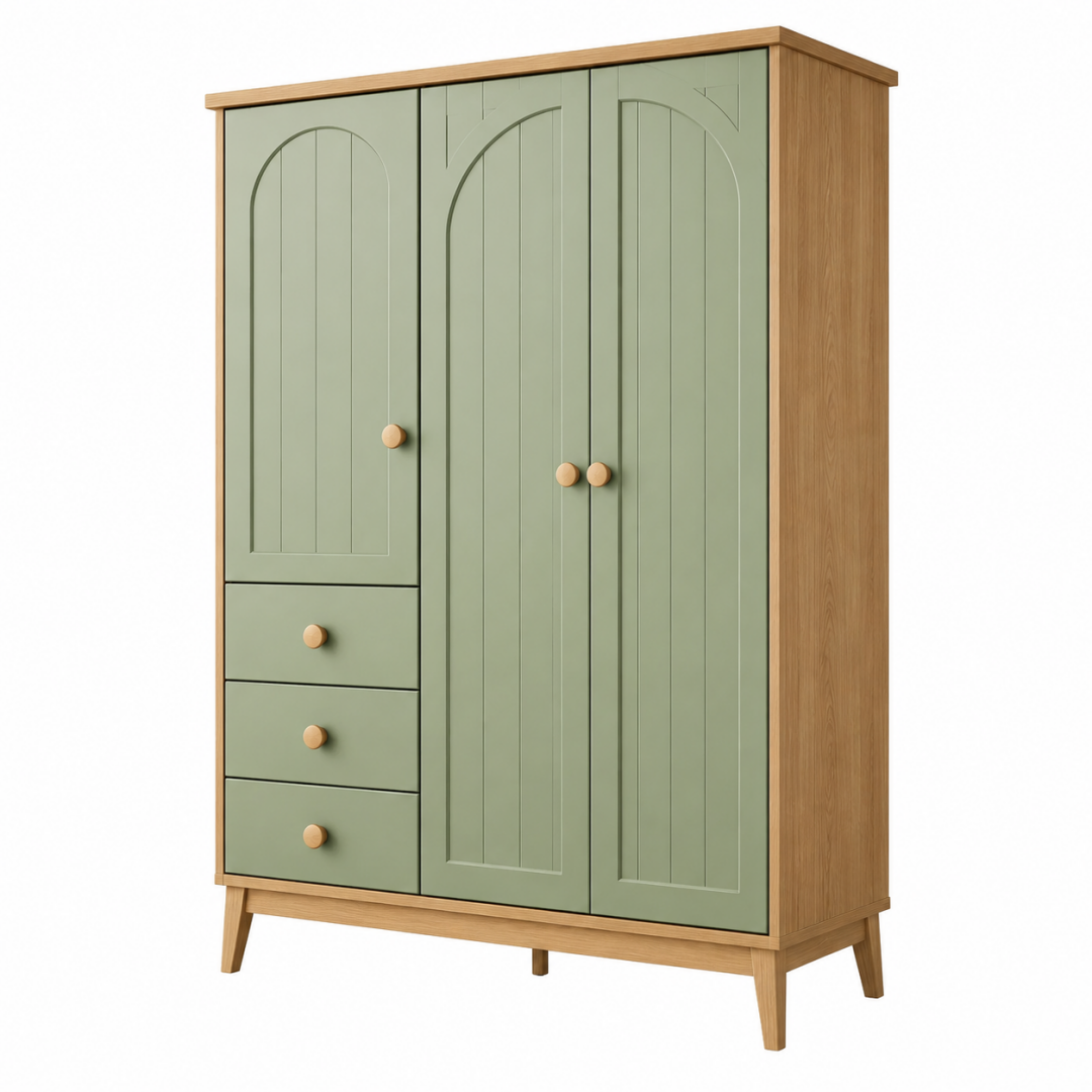Kleiderschrank 100 x 55 x 190 cm Holzwerkstoff Grün Natur - dreitürig mit Schubladen