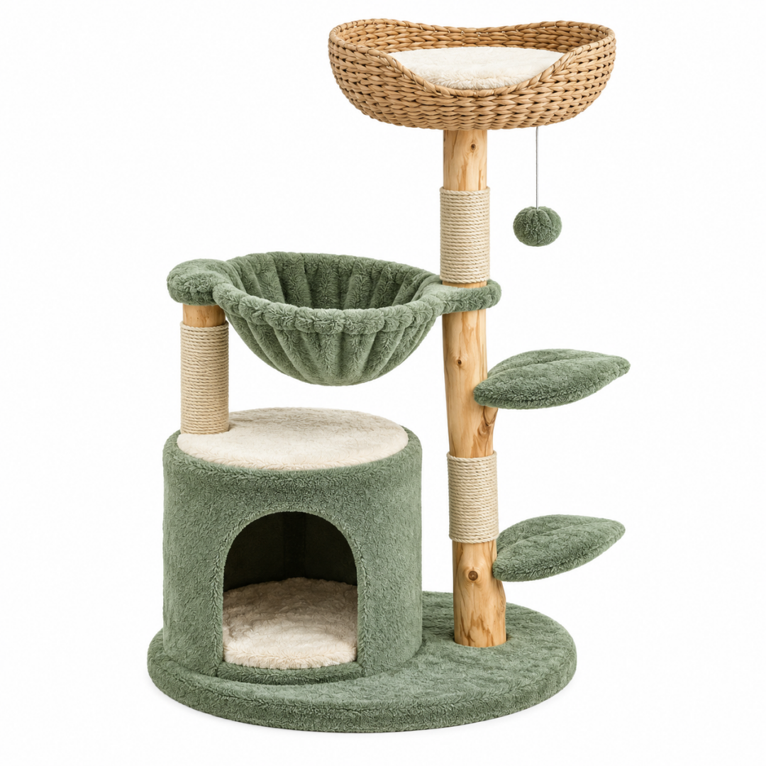 Kratzbaum 60 x 50 x 135 cm aus Holz Sisal und Plüsch in Grün Beige mit Höhle Liegeflächen und Hängematte