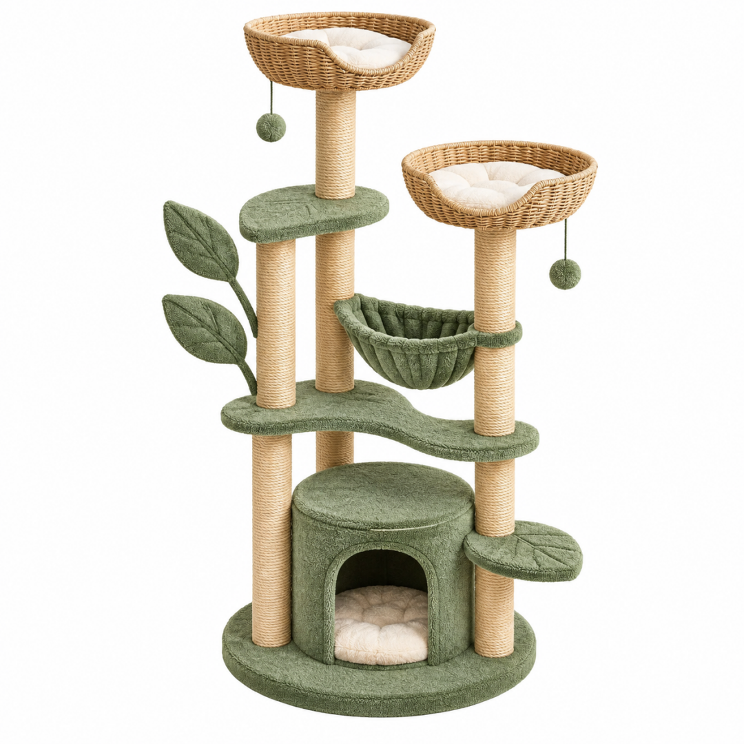 Kratzbaum 60 x 50 x 145 cm Sisal Plüsch Grün Natur mit Katzenhöhle Hängematte und Liegekörben