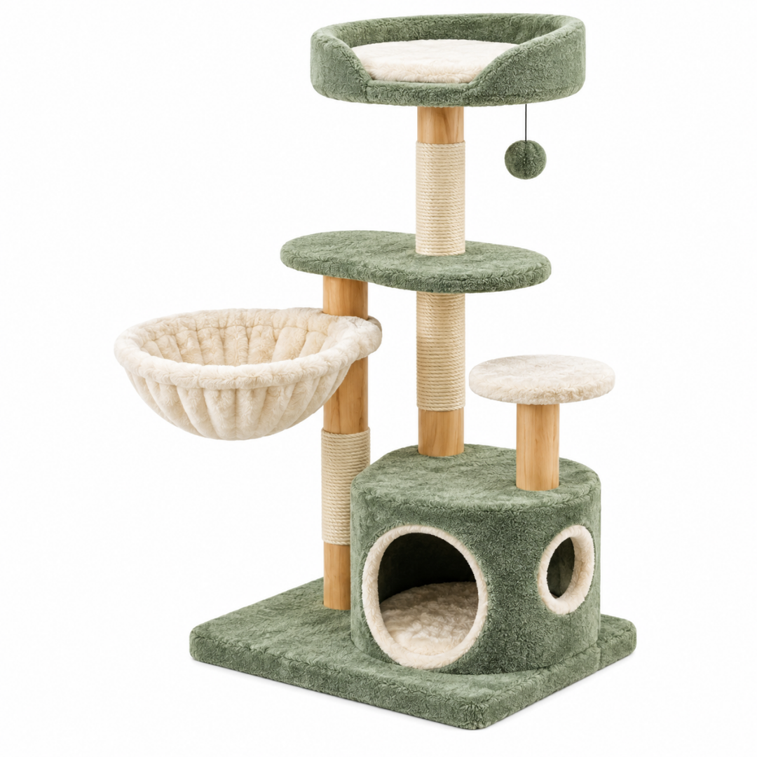 Kratzbaum 50 x 50 x 135 cm aus Plüsch Sisal und Holz Grün Creme mit Höhle Liegeflächen und Kratzsäulen