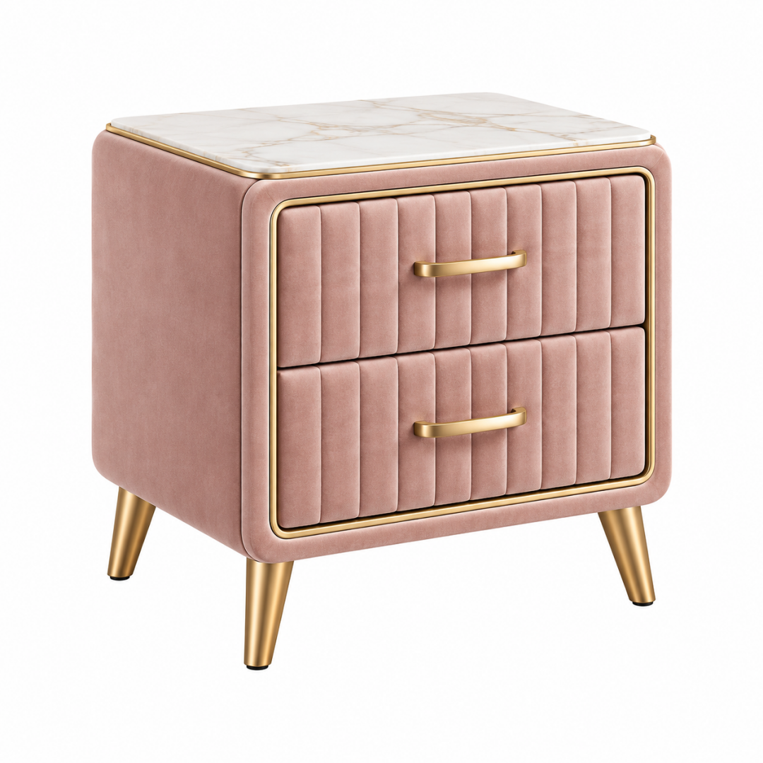 Nachttisch 50 x 40 x 55 cm Rosa Samt mit 2 Schubladen und Marmoroptik