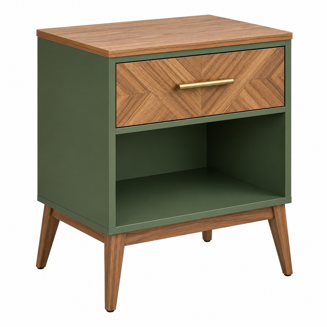 Nachttisch 45 x 40 x 60 cm aus Holzwerkstoff Grün Braun mit Schublade im Mid Century Stil