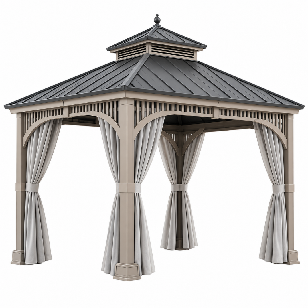 Pavillon 300 x 300 x 300 cm Metall Taupe Anthrazit mit Vorhängen für Garten im klassischen Stil