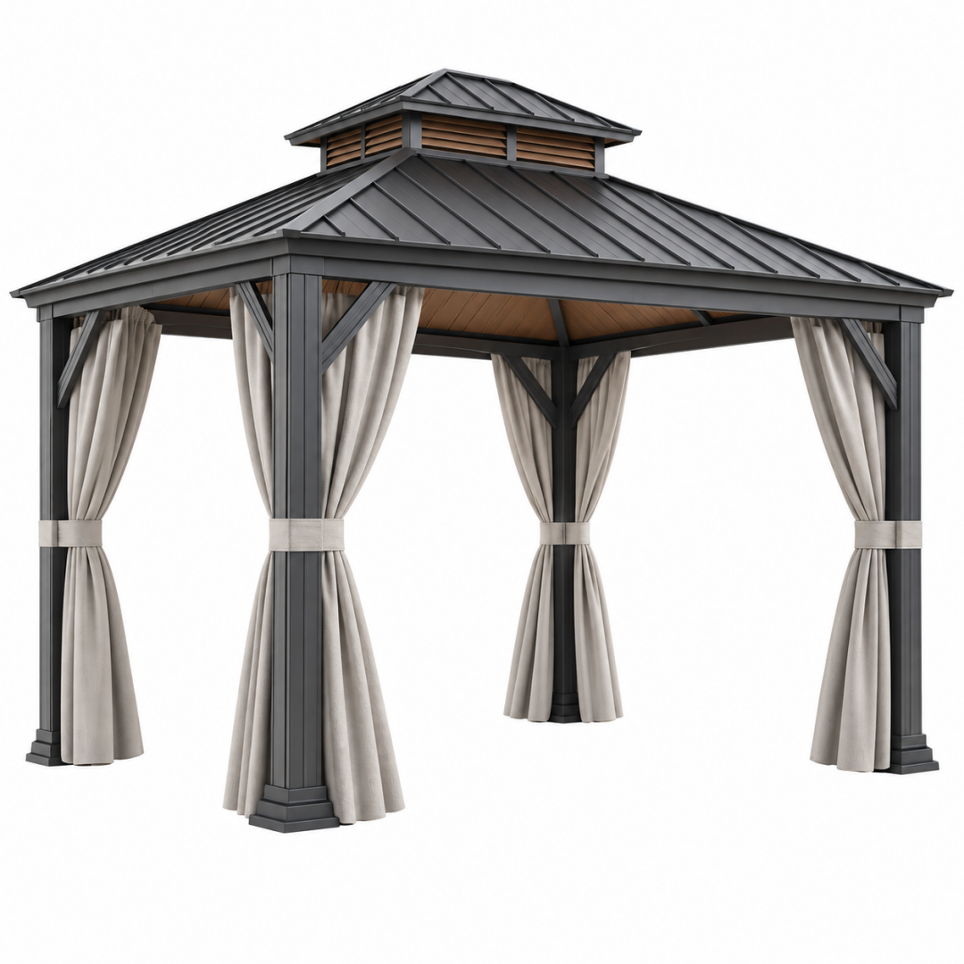 Gartenpavillon 300 x 300 cm aus Metall in Anthrazit mit Vorhängen für Terrasse