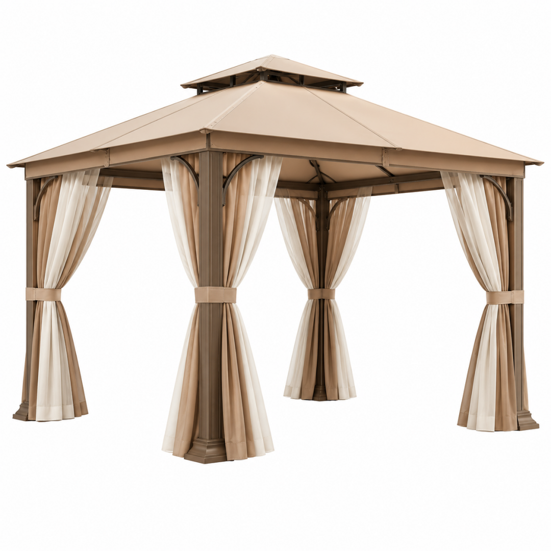 Pavillon 300 x 300 x 290 cm aus Stahl in Beige mit Vorhängen für Garten und Terrasse