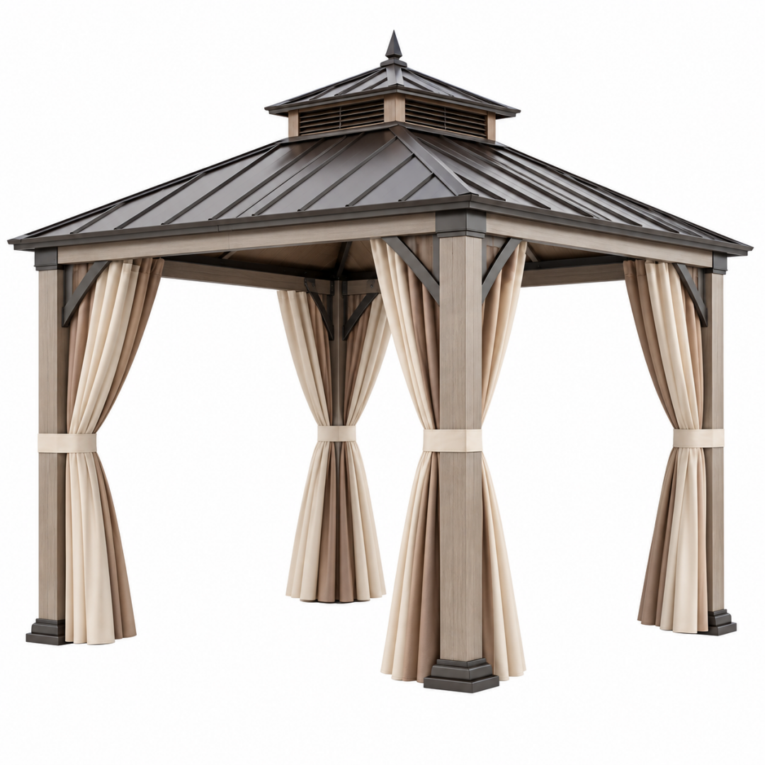 Gartenpavillon 300 x 300 x 300 cm mit Metallrahmen und Vorhängen in Braun Beige