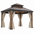 Gartenpavillon 300 x 300 cm aus Metall Holz und Textil in Braun Schwarz Beige mit Vorhängen