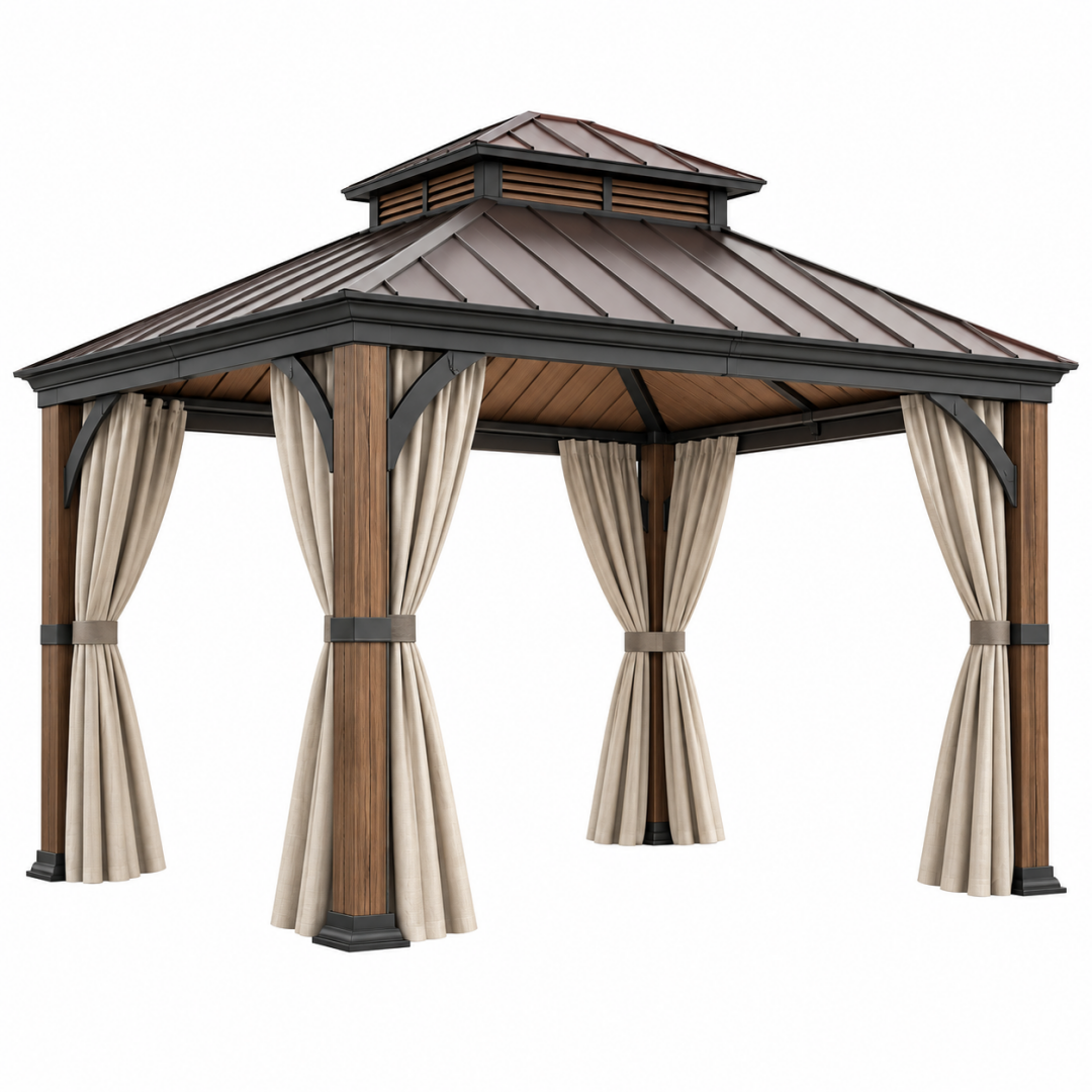 Gartenpavillon 300 x 300 cm aus Metall Holz und Textil in Braun Schwarz Beige mit Vorhängen