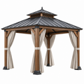 Pavillon 300 x 300 cm Holz Metall Braun Schwarz mit Vorhängen