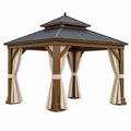 Gartenpavillon 400 x 400 cm Holz Metall Braun Schwarz Beige mit Vorhängen und Lüftungsdach