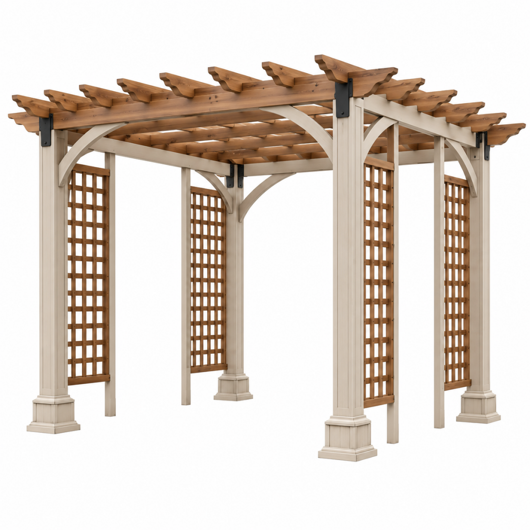 Gartenpergola 360 cm x 360 cm x 260 cm aus Holz in Creme Braun mit Rankgittern