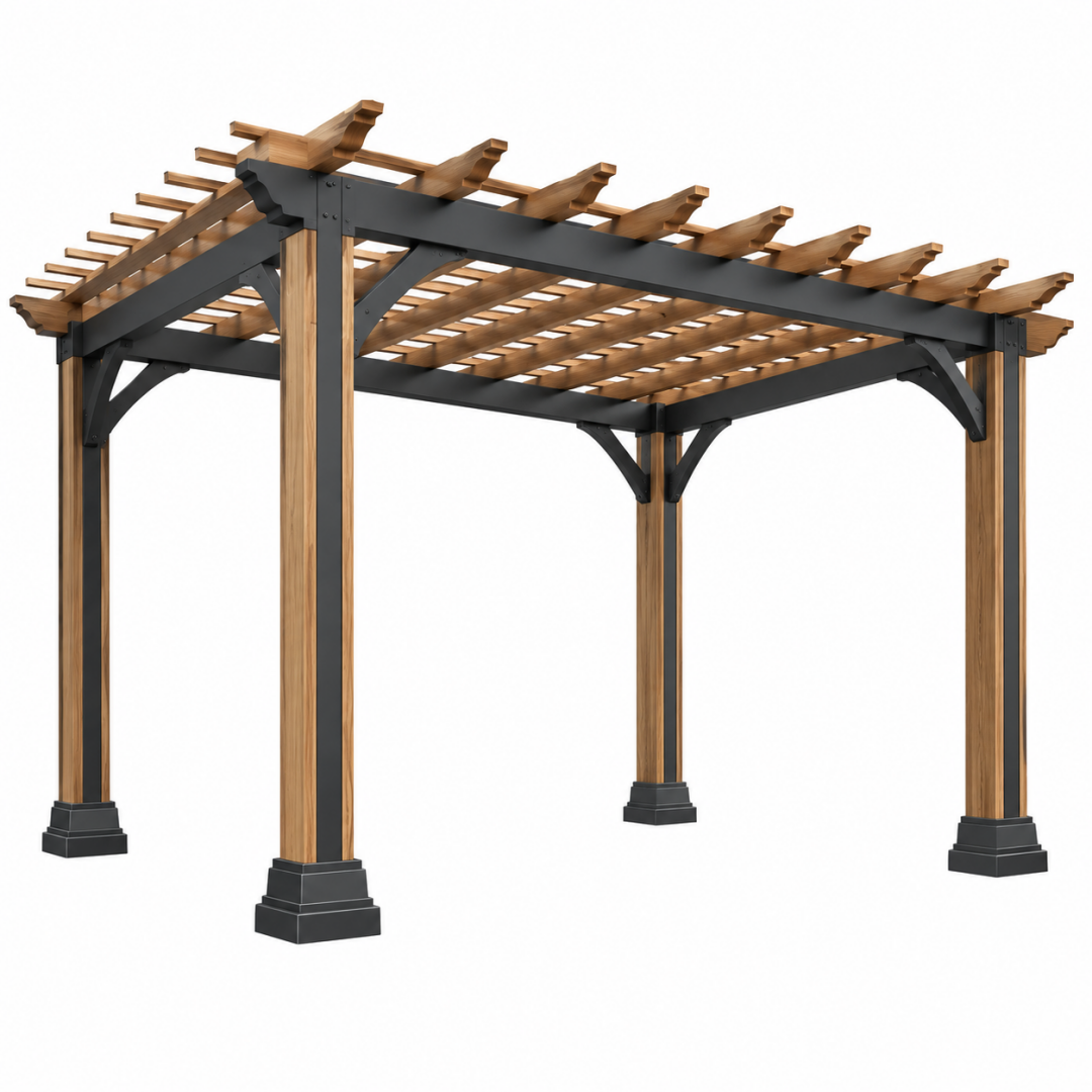 Gartenpergola 300 x 300 x 240 cm aus Holz und Metall in Natur/Schwarz mit offenem Lamellendach