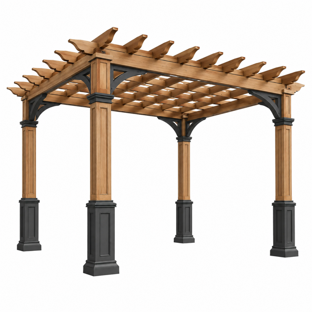 Holzpergola 360 cm x 360 cm x 260 cm Naturbraun Schwarz für Garten mit offenem Dach