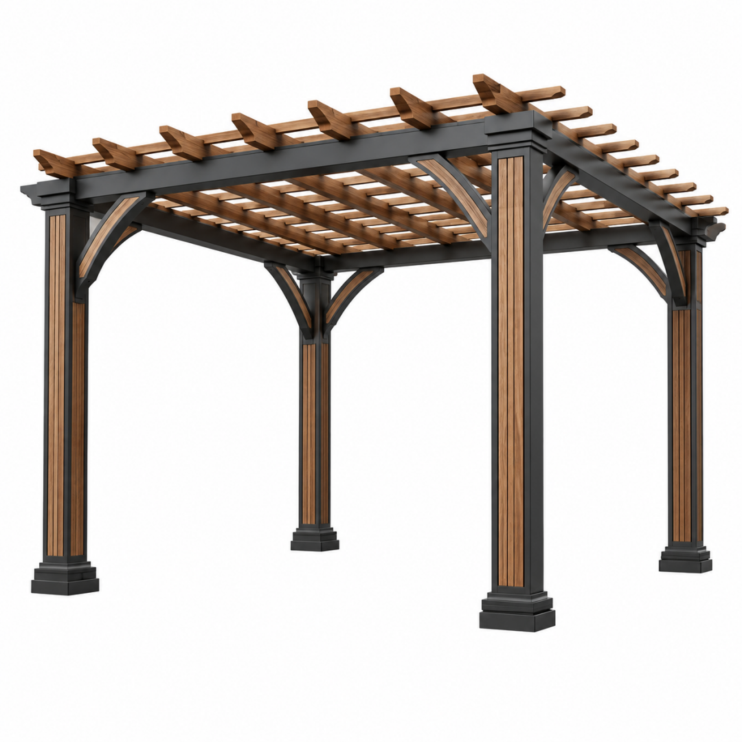 Pergola 300 x 300 x 240 cm aus Metall und Holz in Schwarz und Braun mit Lamellendach